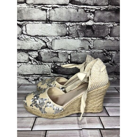 Saks Fifth Ave Ivory Fabric Sequin Ankle Lace Wedge Espadrilles Sandals Women 6M - Picture 5 of 16